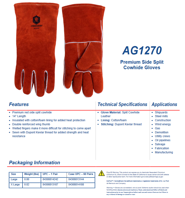 Leather Stick Welding Gloves Premium Red Side Split Cowhide 14” Stick Welders Glove - AG1270 USA Welding Supply