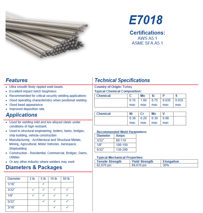 WELDING ELECTRODES SMAW - E7018 AC - 1/8 DIAMETER ELECTRODES - 10LB TUBE USA Welding Supply