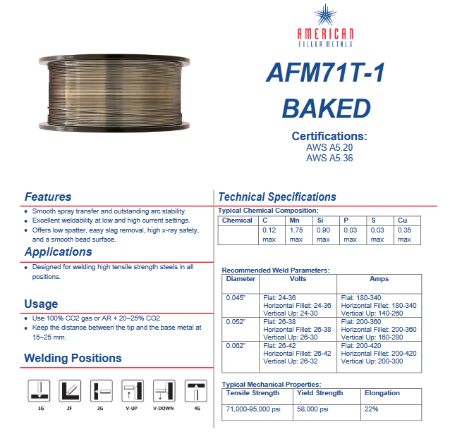 Welding Filler Metal / Wire - Carbon Steel - 1-1/16 Diameter CO2 / ARGON - AFM E71T 106233B - 33-lb Spools USA Welding Supply