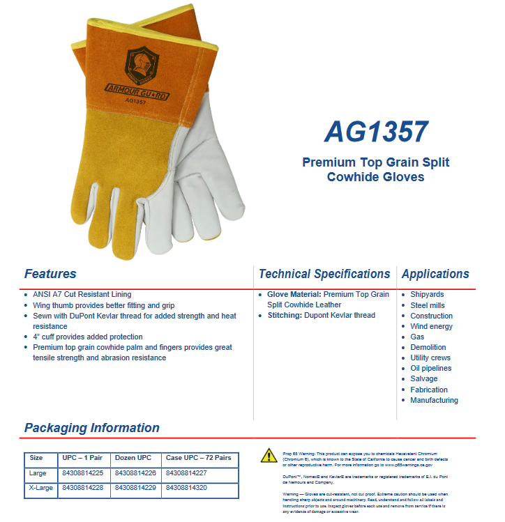 Welding Gloves - MIG - Leather with Kevlar Stitching - Top Grain Split Cowhide - Armour Guard AG-1357 USA Welding Supply