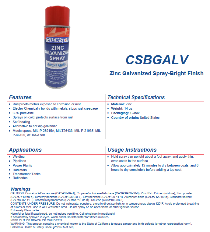 Zinc Galvanized Spray (16 oz.) - Chem Star Bright Finish - CSBGALV USA Welding Supply