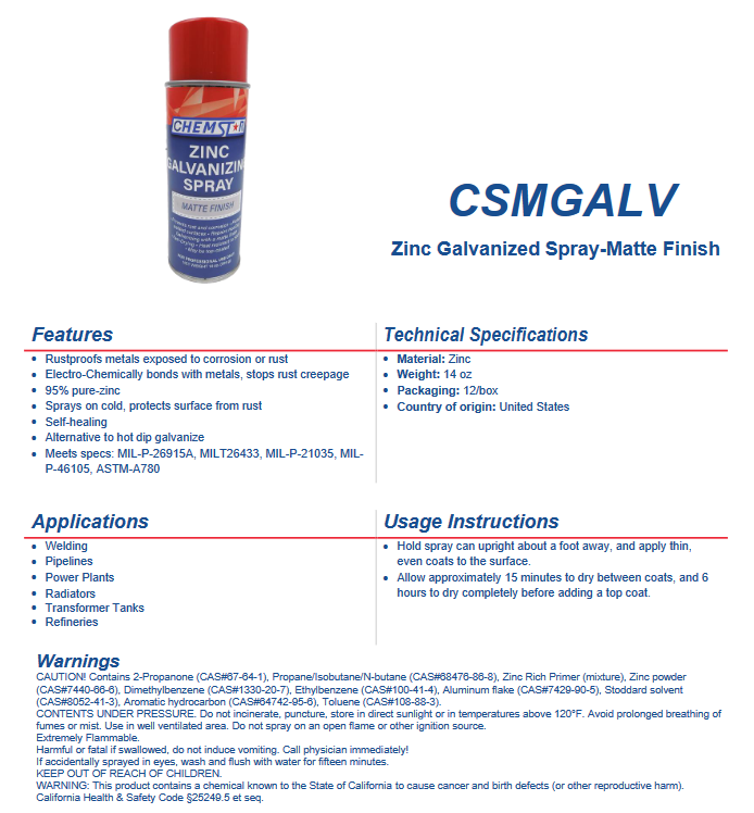 Zinc Matte Galvanized Spray (16 oz.) - Chem Star Bright Finish - CSMGALV USA Welding Supply