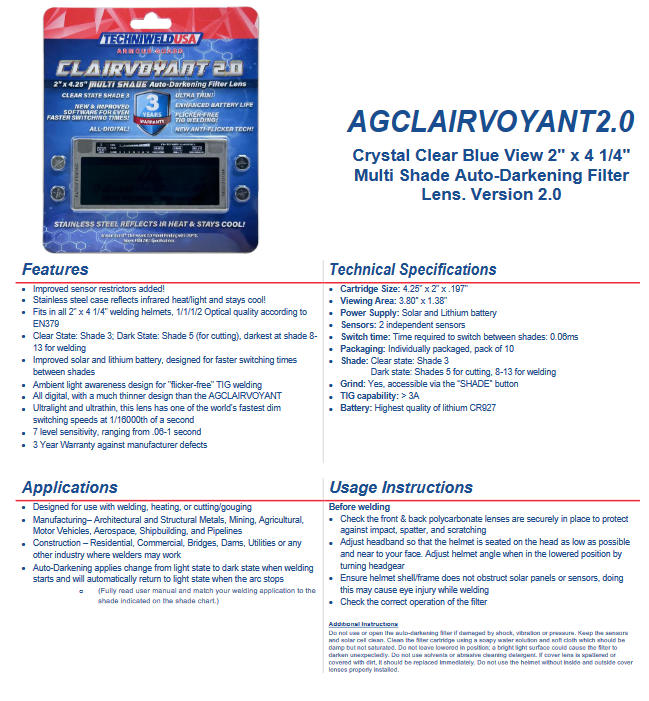 Auto Darkening Lens - AG Clairvouyant 3.0 - Armour Guard Crystal Clear Blue View 2" x 4 1/4" spec sheet