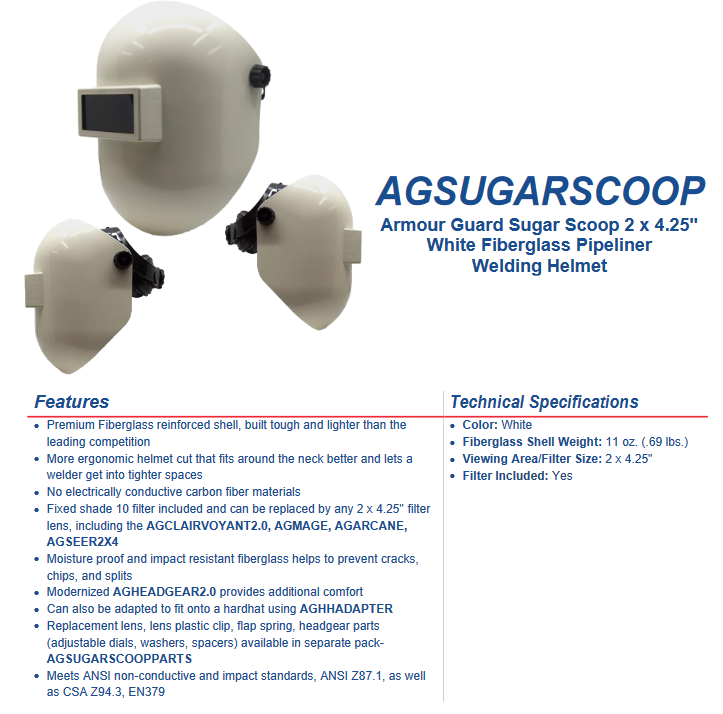 Armour Guard Sugar Scoop 2 x 4.25" White Fiberglass Pipeliner Welding Helmet Specification Sheet