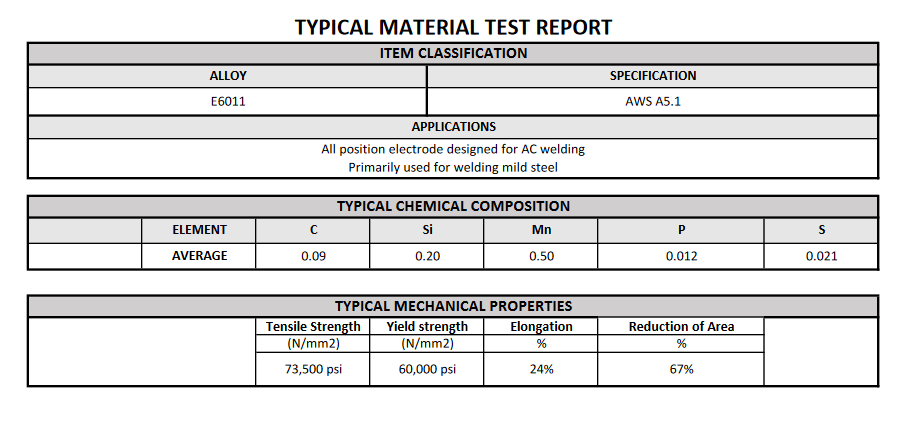 E6011 MATERIAL TEST REPORT 1/8 DIAMETER SMAW WELDING ELECTRODES 10LB TUBE VACUUM PACKED - 6011I12510V