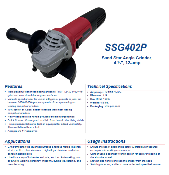 Angle Grinder - Sand Star Variable Speed with Lock, 4-1/2-Inch, 12-Amp for Grinding Discs USA Welding Supply