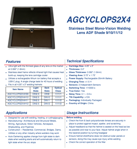 Welding Lens - Cyclops Stainless Steel ADF Shade 9 - 2 Sensor Mono-Vision  2" x 4-1/4"