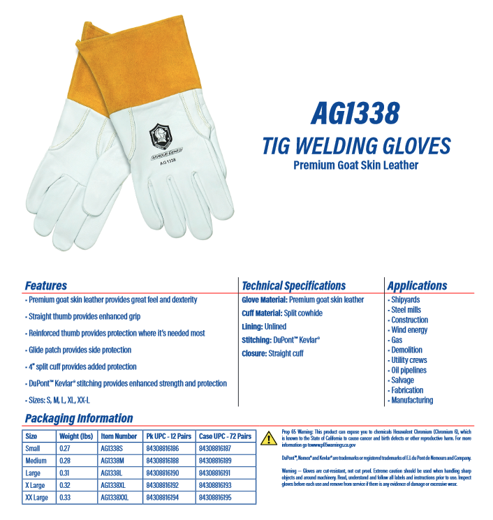 Leather Welding Gloves Cowhide / Goatskin with Kevlar Stitching - TIG - Armour Guard AG-1338 USA Welding Supply