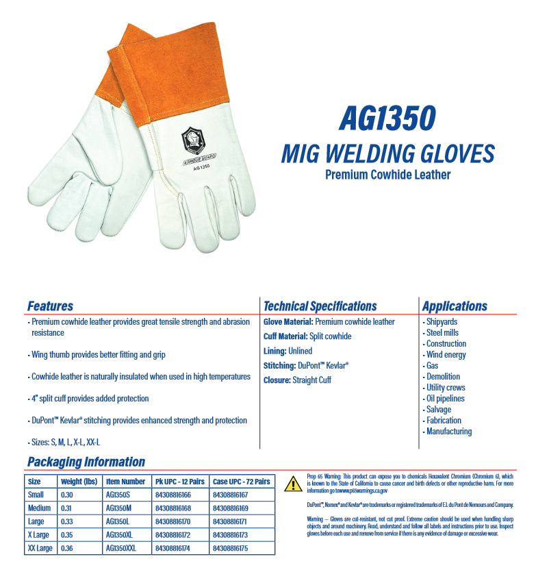 Leather Welding Gloves - MIG - Armour Guard AG-1350 - PPE USA Welding Supply
