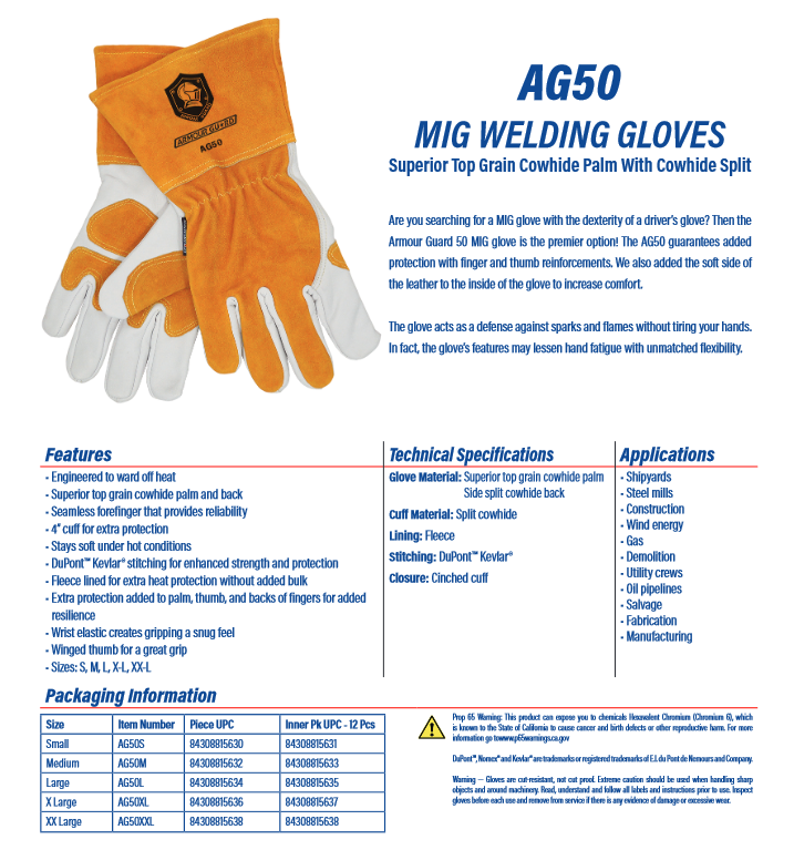 Leather Welding Gloves with Kevlar Stitching - MIG - Premium Cowhide - Armour Guard AG-50 USA Welding Supply