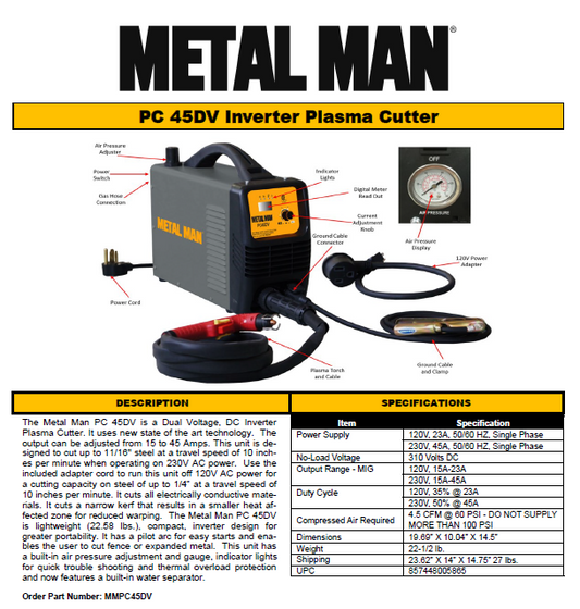 Plasma Cutter - 230V - Metal Man MMPC45DV - from 15A to 45A Capability