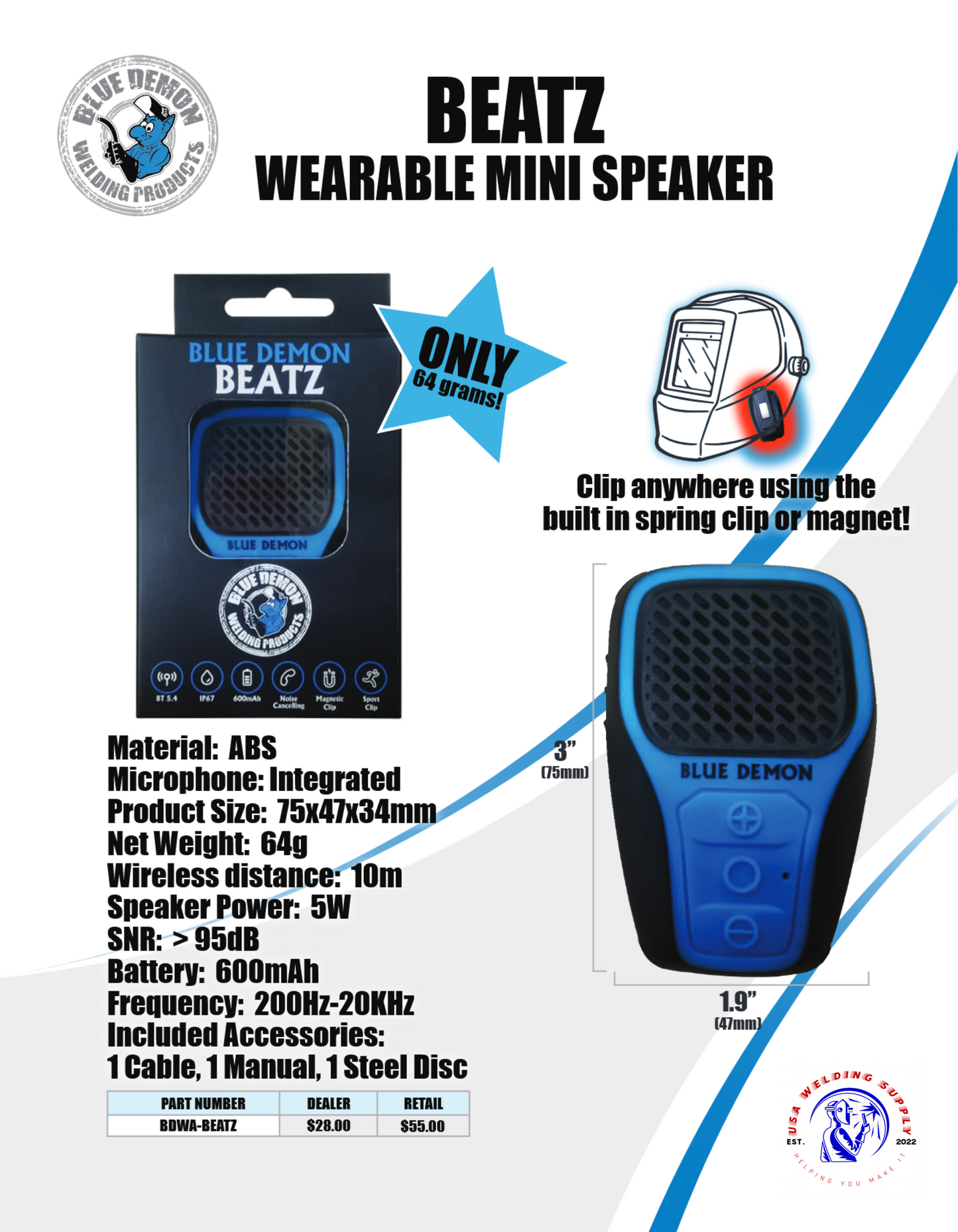 WELDING ACCESSORIES - MINI SPEAKER - BLUE - RECHARGEABLE