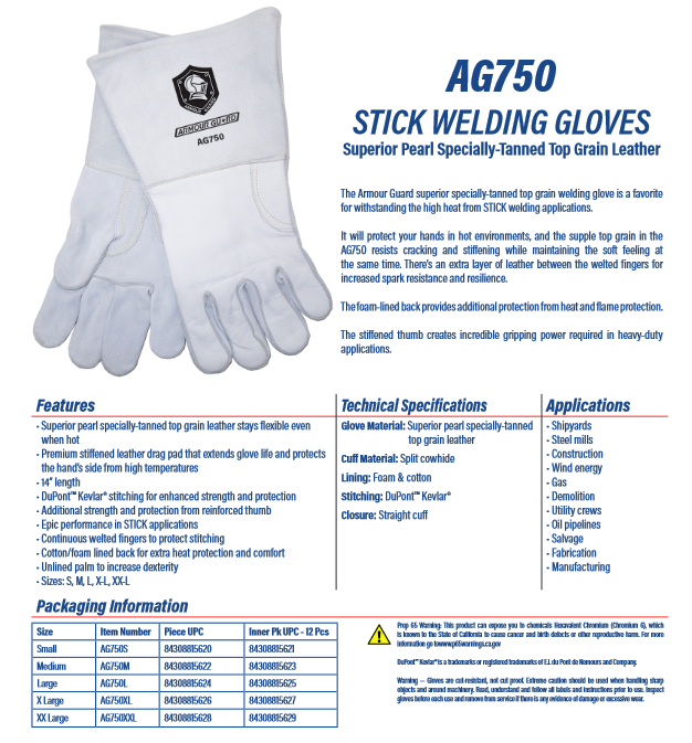 STICK Welding Gloves Top-grain Cowhide Leather with DuPont Kevlar Stitching - Stick Welders Gloves - Armour Guard AG-750 USA Welding Supply