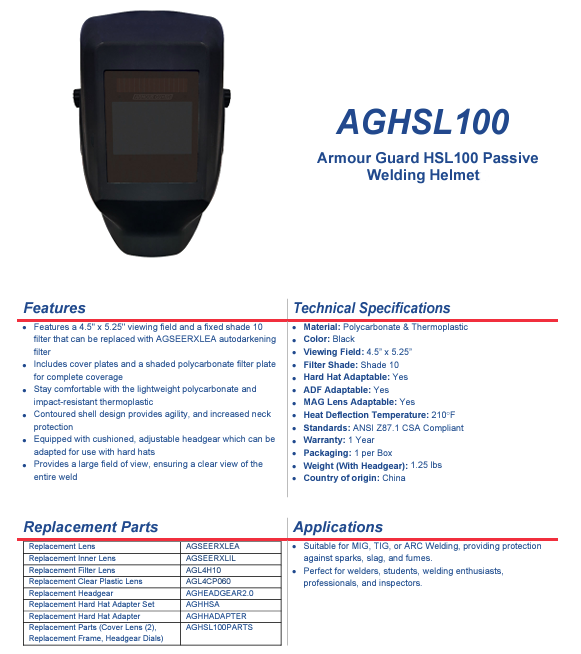 Welding Helmet - 4.5" x 5.25" viewing field - fixed shade 10 - Armour Guard Storm AGHSL100B spec sheet