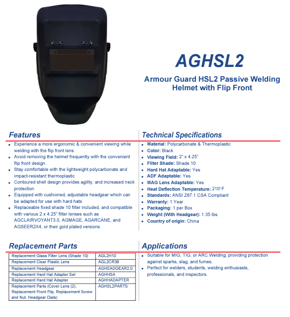 Passive Welding Helmet with Flip Front - Armour Guard Storm AGHSL2B specification sheet