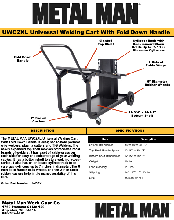 Welding Cart - Metal Man Universal Mig Cart Welding Supplies - UWC2XL