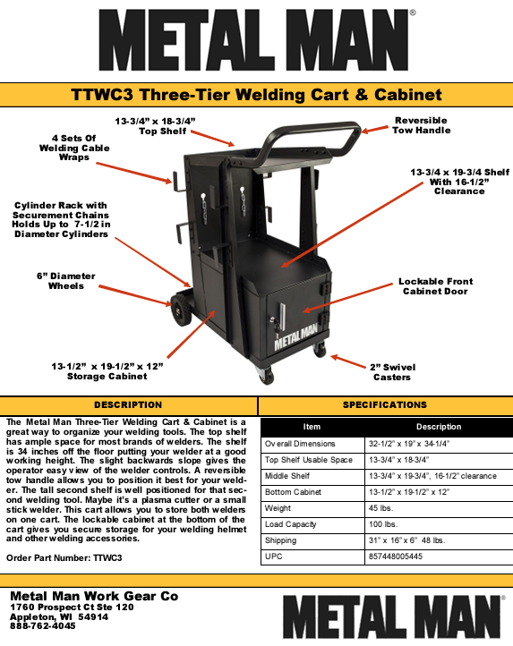 Welding Cart - Three-Tier Mig Cart and Cabinet for Supplies - TTWC3