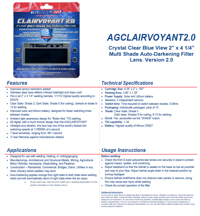 Welding Multi Shade Auto-Darkening Filter Lens - AG Clairvouyant2.0 - Armour Guard Crystal Clear Blue View 2" x 4 1/4" spec sheet