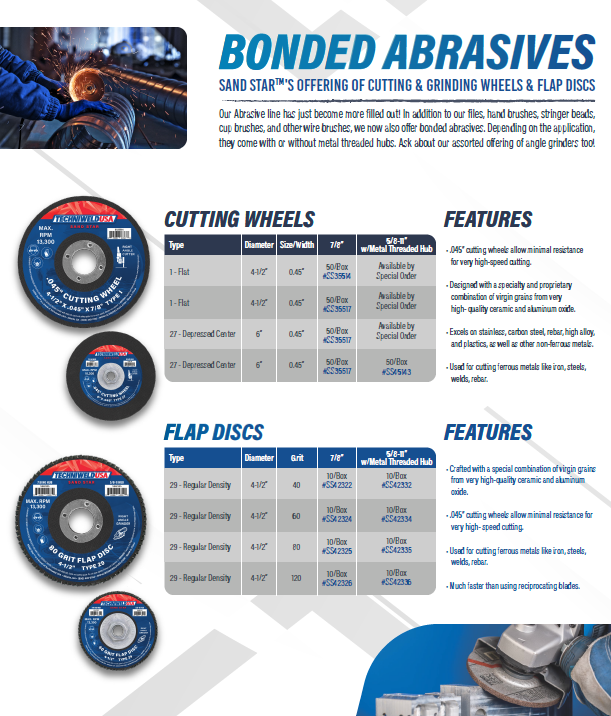 welding grinding discs, cutting wheels and flap discs spec sheet