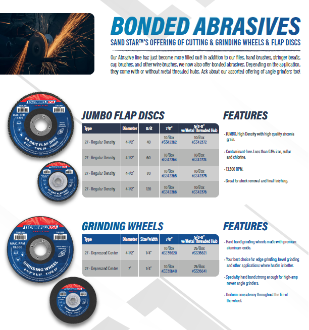 welding grinding discs, cutting wheels and flap discs spec sheet