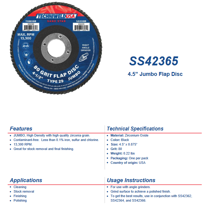 FLAP DISC - 80 GRIT 4.5" - TYPE 29 specification sheet